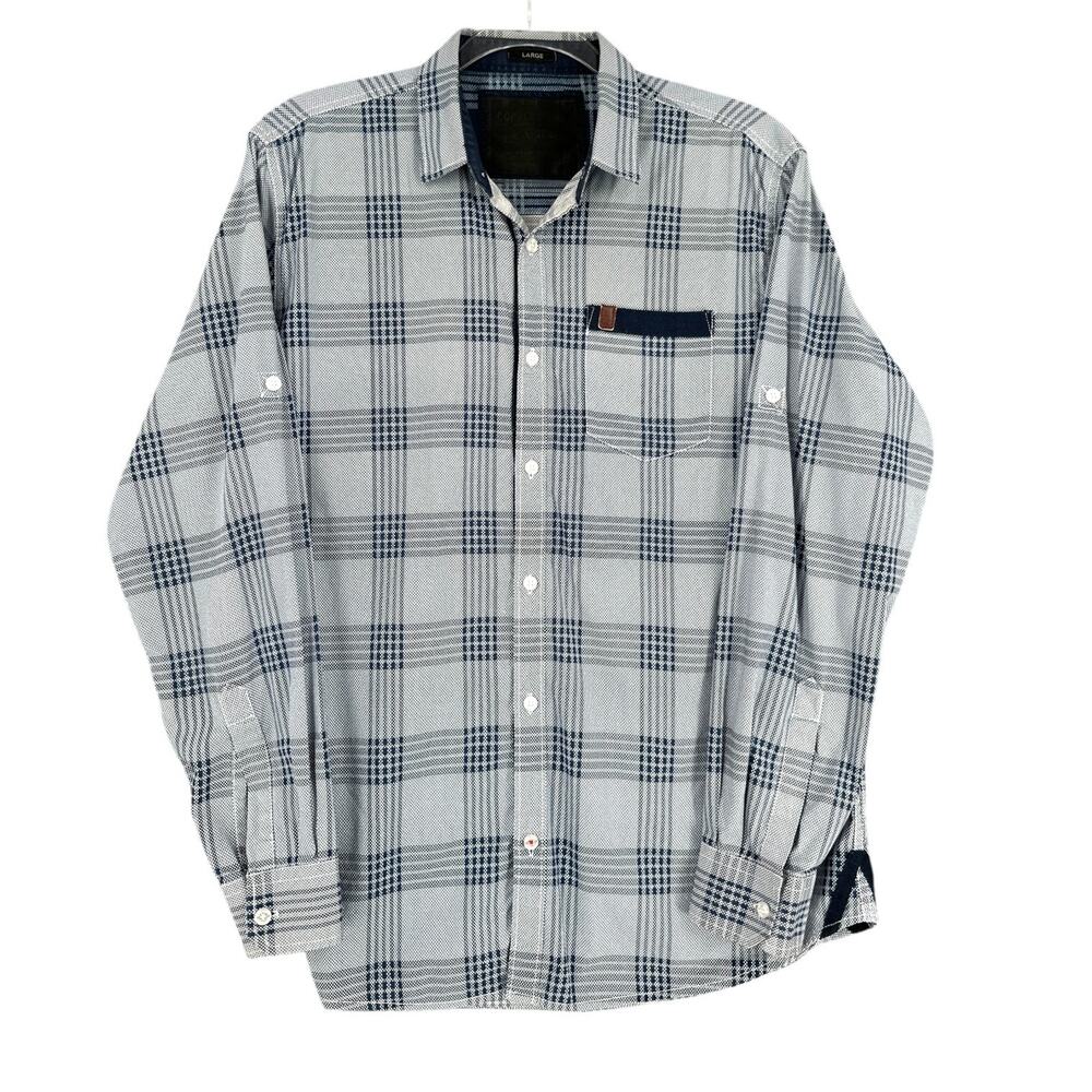 PURE Multicolor Blue Plaid Roll Up Sleeve Mens Button Down Shirt Large‎